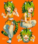 5_fingers animal_ears chest_wraps cuff_(restraint) female female_humanoid fingers green_eyes green_hair green_tail hair markings multiple_poses open_mouth orange_background pose restraints shirt_collar simple_background solo striped_markings striped_tail stripes tail tail_markings thigh_strap tiger_ears tiger_tail username wraps wrist_cuffs fumeyu6 vocaloid megpoid_gumi animal_humanoid felid felid_humanoid humanoid mammal mammal_humanoid pantherine pantherine_humanoid tiger_humanoid 2024 artist_name digital_drawing_(artwork) digital_media_(artwork) hi_res multiple_images