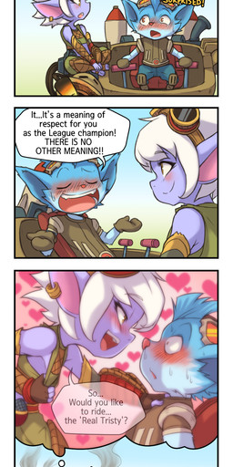 belt blue_body blue_skin blush bodily_fluids butt clothing covering covering_crotch crying ear_piercing embarrassed erection explosives eyewear female goggles grenade hair heart_symbol machine male mecha piercing purple_body purple_skin seductive tears text unwanted_erection weapon white_hair yellow_eyes nestkeeper league_of_legends riot_games tencent rumble_(lol) tristana_(lol) humanoid yordle 2017 absurd_res comic english_text hi_res long_image tall_image url