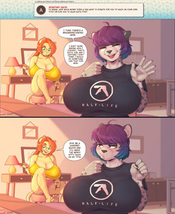 anthro big_breasts biped blue_hair bottomwear breasts cleavage clothed clothing detailed_background dialogue duo eyewear female furniture glasses grey_body hair huge_breasts inside lamp looking_at_viewer multicolored_hair orange_hair pupils purple_hair sitting smile speech_bubble stool tail text topwear wearing_glasses galacticmichi aphex_twin katrina_fowler misha_(galacticmichi) domestic_cat felid feline felis mammal pantherine snow_leopard comic english_text hi_res url
