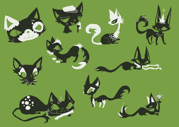 ambiguous_gender black_body black_fur feral fur green_background green_sclera group multicolored_body multicolored_fur simple_background two_tone_body two_tone_fur white_body white_fur naircat domestic_cat felid feline felis mammal 2017 digital_media_(artwork) green_theme microsoft_paint_(artwork) restricted_palette sketch_page