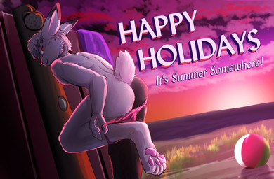 anthro ball beach beach_ball bedroom_eyes black_body blurred_background clothed clothing ears_back exhibitionism feet grass holidays inflatable looking_at_viewer male narrowed_eyes pawpads pivoted_ears plant postcard public red_eyes rim_light sand sea seductive shower smile smiling_at_viewer smirk smirking_at_viewer solo speedo speedo_only sunset swimwear tail text topless undressing water white_body aka_meyneth inle_(aka_meyneth) harengon lagomorph leporid mammal rabbit absurd_res hi_res signature