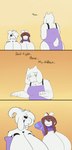 anthro big_breasts breasts brown_hair clothing crossgender eyebrows female fingers fur group hair horn huge_breasts mtf_crossgender purple_clothing scut_tail short_tail tail text trio white_body white_fur robertge undertale undertale_(series) asriel_dreemurr_(god_form) frisk_(robertge) frisk_(undertale) toriel bovid caprine goat mammal 2025 absurd_res english_text hi_res