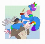 alternate_pride_colors alternate_rainbow_pride_colors anthro anthro_on_anthro anthro_penetrated anthro_penetrating anthro_penetrating_anthro antlers blue_body blue_fur blush bodily_fluids bottomless brown_body brown_fur butt butt_grab chest_tuft clothed clothing container cum cum_on_chest cup drinking_straw duo eyewear fellatio fur genital_fluids glasses hair hand_on_butt hat headgear headwear heart_(marking) horn interspecies lgbt_pride looking_pleasured male male/male male_penetrated male_penetrating male_penetrating_male markings multicolored_markings multicolored_tail nude oral oral_penetration partially_clothed party_hat pawpads penetration penile penis_in_mouth pride_color_markings pride_color_tail pride_colors purple_hair rainbow_pride_colors rainbow_tail sex shirt shirt_only sparklefur tail topwear topwear_only tuft glooum icarus_skyhawk rook_(lazymoose) canid deer mammal hi_res