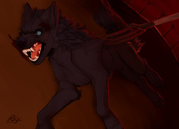 ambiguous_gender animal_genitalia bared_teeth black_body black_fur black_nose blood blood_on_face blue_eyes bodily_fluids fangs feral fur genitals glistening glistening_eyes gore leg_tuft lying male neck_tuft on_side open_mouth outside red_tongue sheath solo teeth tongue tuft wide_eyed riorix canid mammal 2017 dated signature