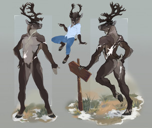 abs anthro antlers athletic athletic_anthro athletic_male bottomwear brown_body brown_fur chibi clothed clothing fingers fur grass hooves horn looking_at_viewer male markings muscular nude pants pecs plant presenting realistic_anthro simple_background smile snow solo spots spotted_body standing tail topwear white_body white_fur white_spots conditional_dnp tgt1512 deer mammal new_world_deer reindeer digital_media_(artwork) model_sheet