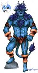 abs ankle_cuffs anthro belly_hair biceps blue_hair blue_nipples body_hair bottomwear bulge chest_hair clothing cuff_(restraint) feet hair hand_on_hip loincloth looking_at_viewer male mane manly muscular nipples one_leg_up pecs raised_leg restraints rock shoulder_hair simple_background solo standing white_background wrist_cuffs foxfurries demon 2018 hi_res