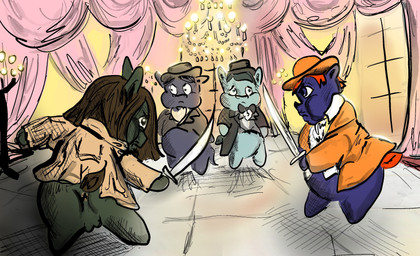 ambiguous_anthro ambiguous_gender anthro anus balls black_bow_tie black_clothing black_jacket black_topwear blue_body bottomless bow_tie brown_clothing brown_hair brown_jacket brown_tail brown_topwear chandelier chibi clothed clothing formal_wear genitals green_body group hair hat headgear headwear holding_melee_weapon holding_object holding_sword holding_weapon inside jacket male male_anthro melee_weapon orange_clothing orange_hat orange_headwear orange_jacket orange_topwear purple_body red_hair red_tail shirt sword tail topwear weapon white_clothing white_shirt white_topwear window x_anus young young_ambiguous young_anthro young_male ambitiousleather8309 fluffy_pony fluffy_pony_(species) mammal 2024 digital_media_(artwork) english_description hi_res shaded