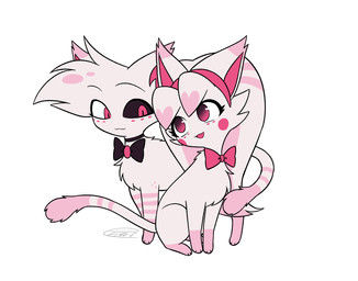 alternate_species bow_tie duo female feral feralized male simple_background white_background enaic31 hazbin_hotel hellaverse angel_dust molly_(hazbin_hotel) domestic_cat felid feline felis mammal hi_res brother_(lore) brother_and_sister_(lore) sibling_(lore) sister_(lore)