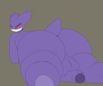 anthro balls big_balls big_butt big_penis black_eyebrows black_eyes butt eyebrows femboy genitals glans grey_background hair huge_butt looking_back lying male nude_anthro nude_male on_front penis purple_balls purple_body purple_ears purple_glans purple_hair purple_penis purple_tail rear_view red_sclera sharp_teeth simple_background smile solo tail teeth thick_thighs pleasantlyplumpthiccness nintendo pokemon generation_1_pokemon gengar ghost pokemon_(species) spirit 2025 colored digital_media_(artwork) flat_colors hi_res