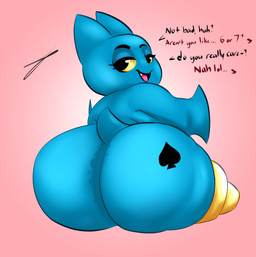 anthro bedroom_eyes big_butt blue_body butt dialogue female huge_butt huge_hips hyperpigmentation loli looking_at_viewer looking_back membrane_(anatomy) membranous_wings narrowed_eyes nude open_mouth pegleg queen_of_spades_symbol question_mark seductive simple_background sitting solo spade_tattoo stated_age tail text thick_thighs wide_hips wings young young_anthro young_female eye_moisturizer cartoon_network mao_mao:_heroes_of_pure_heart adorabat bat mammal 2025 absurd_res digital_media_(artwork) english_text hi_res