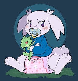 anthro blue_clothing blue_sweater blue_topwear blush clothing crossed_arms diaper female grass looking_at_viewer pacifier paws plant plushie sitting solo spread_legs spreading sweater toddler topwear young young_anthro young_female bubblepuppers cave_story sue_sakamoto lagomorph mammal mimiga hi_res