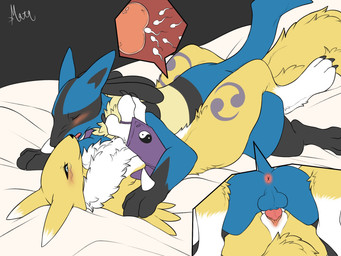 3_fingers anthro anus arm_on_shoulder arm_tuft armwear athletic balls bed bent_legs big_butt biped black_background black_body black_fur black_nose black_sclera blue_balls blue_body blue_eyes blue_fur blush blush_lines bridal_gauntlets butt cheek_tuft chest_tuft claws clothed clothed/nude clothing countershade_torso countershading duo eyebrows eyelashes facial_markings facial_tuft fangs female fingers fluffy from_front_position fur fur_markings furniture genitals hand_on_bed happy head_markings impregnation inside kemono knot knotted_penis legwear long_ears long_tail lying male male/female markings mask_(marking) mating_press neck_tuft nude on_back open_mouth orgasm orgasm_face ovum penetration penis pink_anus pink_penis pink_tongue pink_vulva purple_body purple_clothing purple_fur romantic romantic_couple sex sex_on_bed shoulder_tuft simple_background slim smile sperm_cell spikes spread_legs spreading tail tan_body tan_fur teeth text thigh_highs tomoe_(symbol) tongue tuft vulva white_body white_countershading white_fur yellow_body yellow_fur yin_yang nekomata_ftnr bandai_namco digimon nintendo pokemon digimon_(species) generation_4_pokemon lucario pokemon_(species) renamon 4:3 artist_name colored crossover flat_colors hi_res signature