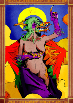 anthro athletic card feathered_wings feathers female green_hair hair horn major_arcana multicolored_body piercing purple_eyes solo strength_(tarot) tarot tarot_card teeth tongue wings yellow_body shev mythology o_hear_thee cynthia_(oth) dragon mythological_creature mythological_scalie scalie absurd_res hi_res