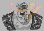 anthro cigar clothing ear_piercing facial_piercing hair jacket leather leather_clothing leather_jacket leather_topwear lip_piercing male piercing ringed_eyes smoke solo topwear polartoons monte_(worgenrouge) canid canine canis mammal wolf