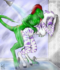 3_toes against_surface against_wall anthro bent_over blush breast_grab breasts claws duo eyes_closed facial_markings feet female fur green_body green_skin hair hand_on_breast head_markings hooves interspecies male male/female markings muzzle_(marking) nude purple_body purple_fur red_hair sex shower shower_head side_view snout snout_markings stripes tail toes tongue tongue_out water white_body white_fur white_hair conditional_dnp kadath diamond_(kadath) equid equine lizard mammal reptile scalie zebra 2006 digital_media_(artwork)
