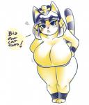 annoyed anthro big_breasts blue_hair blush breasts cleavage clothed clothing cute_fangs dialogue egyptian fangs female fur hair huge_breasts leaning leaning_forward looking_at_viewer simple_background solo talking_to_viewer teeth thick_thighs white_background wide_hips yellow_body yellow_fur dorian-bc animal_crossing nintendo ankha_(animal_crossing) felid feline mammal