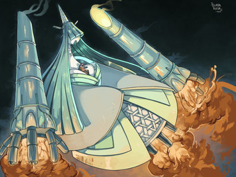 anthro breasts cleavage clothed clothing duo extreme_size_difference female fire floating_limbs flying hair hair_over_eyes lips macro male night rocket size_difference blattarieva nintendo pokemon celesteela generation_7_pokemon human mammal pokemon_(species) ultra_beast