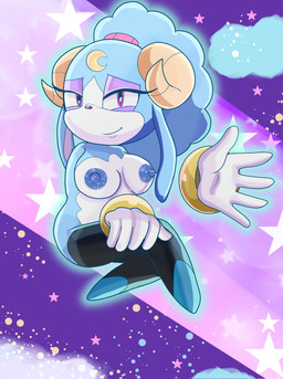anthro blue_body blue_fur blue_nipples bracelet breasts clothing eyelashes eyeshadow female floating fur gesture gloves glowing glowing_body handwear horn jewelry legwear long_ears looking_at_viewer makeup nipples purple_background purple_eyes simple_background smile solo sparkles sparkling_body sparkling_nipples squinted_eyes star_symbol thigh_highs waving white_body white_fur makacoyote sega sonic_dream_team sonic_the_hedgehog_(series) ariem_(sonic) bovid caprine mammal sheep absurd_res hi_res
