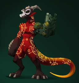 anthro arm_tattoo chest_tattoo cybernetics glowing glowing_eyes glowing_markings glowing_tattoo green_eyes leg_tattoo machine male markings prosthetic prosthetic_arm prosthetic_limb raised_arm red_body solo standing tattoo conditional_dnp shido-tara alien cyborg lizard reptile scalie hi_res