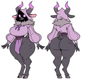 2_horns anthro big_breasts big_butt black_nose bottomwear breasts butt clothed clothing cloven_hooves female fur grey_body grey_fur hood hooves horn huge_breasts huge_butt huge_hips huge_thighs loincloth rear_view short_tail simple_background small_waist solo standing tail thick_thighs topwear white_background wide_hips wallyroo deer mammal 2026 absurd_res hi_res