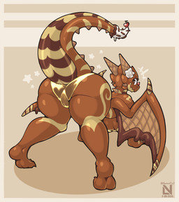 anthro ass_up big_butt bikini biped breasts brown_body butt camel_toe clothed clothing eyelashes female food looking_back membrane_(anatomy) membranous_wings pupils solo swimwear two-piece_swimsuit wings baronflint golden_week mythology twikinzy dragon food_creature mythological_creature mythological_scalie scalie