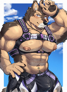5_fingers abs anthro areola barazoku beard biped black_bottomwear black_clothing black_nose black_pawpads black_shorts blush blush_lines bodily_fluids border bottomwear brown_body brown_fur brown_tail bulge cheek_tuft chest_harness claws clock closed_smile clothing cloud detailed_bulge eyebrows facial_hair facial_tuft finger_claws fingerpads fingers fur genital_outline glistening glistening_bottomwear glistening_clothing glistening_shorts grey_beard grey_facial_hair grey_pubes hand_on_head hand_on_hip harness jewelry looking_at_viewer male male_anthro mouth_closed multicolored_body multicolored_bottomwear multicolored_clothing multicolored_fur multicolored_shorts muscular muscular_anthro muscular_male necklace nipples orange_body orange_eyebrows orange_fur orange_inner_ear pawpads pecs penis_outline pink_areola pink_nipples pubes purple_bottomwear purple_clothing purple_eyes purple_shorts shorts smile solo sweat sweatdrop sweaty_body tail tuft watch white_border white_bottomwear white_clothing white_shorts wristwatch norakemo777 lifewonders live_a_hero pubraseer canid canine canis domestic_dog mammal 2025 absurd_res digital_media_(artwork) hi_res