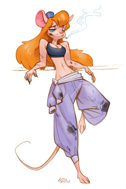 3_toes 4_fingers anthro barefoot black_clothing black_shirt black_tank_top black_topwear blue_eyes bra breasts cigarette cigarette_in_mouth cleavage clothed clothing dirty eyebrow_through_hair eyebrows eyewear eyewear_on_head feet female fingers goggles goggles_on_head grease hair half-closed_eyes jumpsuit leaning leaning_backward long_hair looking_at_viewer narrowed_eyes navel object_in_mouth oily pink_nose shirt simple_background smoking solo tank_top toes topwear translucent translucent_hair underwear white_background holivi chip_'n_dale_rescue_rangers disney gadget_hackwrench mammal mouse murid murine rodent 2:3 absurd_res hi_res signature