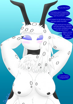 antennae_(anatomy) anthro big_breasts black_nipples blue_eyes blush breasts dialogue female fur gradient_background hair hands_behind_head neck_tuft nipples nude presenting presenting_breasts simple_background solo speech_bubble text tuft white_body white_fur white_hair wings nico_neufeld_(dewodude) arthropod insect leopard_moth lepidopteran moth english_text hi_res