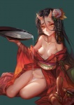 accessory areola black_hair blue_background breasts clothed clothing erect_nipples female flower flower_in_hair hair hair_accessory horn mask mask_of_tengu monster_girl_(genre) nipples noh_mask not_furry partially_clothed plant pouring puffy_areola pupils robe sash seductive simple_background slit_pupils small_breasts smile solo wakamezake wet yellow_eyes saber_01 asian_mythology east_asian_mythology japanese_mythology mythology demon humanoid oni yokai digital_media_(artwork)