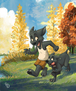 anthro black_nose black_pawpads blue_sky bottomwear brown_bottomwear brown_clothing brown_eyes brown_shorts clothed clothing cloud day duo fangs feral fur glistening glistening_eyes grass grey_body grey_ears grey_fur logo male male_anthro open_mouth open_smile outside pawpads plant shorts sky smile teeth topwear tree water white_clothing white_topwear young young_anthro young_male pandapaco canid canine mammal artist_logo signature