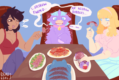 1_horn abuse accessory ambiguous_feral ambiguous_gender animal_abuse apple baby_talk bell bell_collar bisected black_hair blonde_hair blood blouse blue_body blue_bottomwear blue_clothing blue_eyelashes blue_eyes blue_fur blue_hair blue_pants blue_skirt blush blush_stickers bodily_fluids bottomwear breasts brown_eyes chair character_prepared_as_food cleavage clothed clothed_human clothing collar corpse crop_top cross_section cruelty crying cutlery death dialogue dinner dish eating ellipsis eyelashes female female_human feral food fork fruit fur furniture gore grotesque_death hair headband holding_fork holding_knife holding_object hooves horn impalement kitchen_utensils knife lettuce light_body light_skin looking_at_another pants pasta pink_blouse pink_clothing pink_collar pink_headband pink_hooves pink_topwear plant purple_body purple_fur red_camisole red_clothing red_crop_top red_shirt red_topwear scared shaking shirt shocked sitting skewer skirt smile spaghetti speech_bubble suffering table tan_body tan_skin tears teeth text tools topwear torture traumatized trembling vegetable young young_ambiguous young_feral deadgirl_(fc) fluffy_pony fluffy_pony_(species) human mammal 2025 artist_name digital_media_(artwork) english_text hi_res lineless