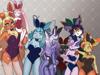 anthro curvy_figure female group group_photo horn playboy_bunny playboy_outfit artsysaber nintendo pokemon eeveelution espeon flareon generation_1_pokemon generation_2_pokemon generation_4_pokemon generation_6_pokemon glaceon hybrid_pokemon jolteon leafeon pokemon_(species) sylveon umbreon vaporeon 4:3 hi_res