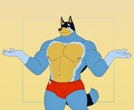 anthro blue_body blue_fur clothing fur male muscular muscular_male navel nipples pecs red_clothing red_speedo red_swimwear simple_background smile solo speedo swimwear unrealrui bluey_(series) bandit_heeler australian_cattle_dog canid canine canis cattledog domestic_dog herding_dog mammal pastoral_dog hi_res