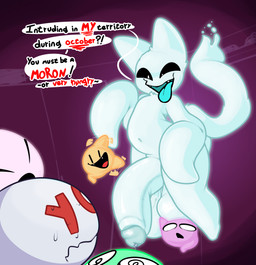 ambiguous_gender anthro balls bodily_fluids dialogue floating genital_fluids genitals glowing group hyper hyper_genitalia male nude penis precum sweat text rabblet edo_(rabblet) ghost spirit english_text hi_res