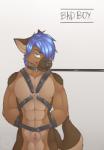 abs animal_genitalia anthro athletic balls bdsm biceps biped blue_eyes blue_hair bondage bondage_gear bound brown_body brown_fur brown_tail canid canine canis cheek_tuft collar collar_only countershade_face countershade_tail countershade_torso countershading digital_media_(artwork) domestic_dog ears_back eyebrows facial_tuft fane_kobalt front_view fur genitals german_shepherd gradient_background grey_background grey_nose hair hair_over_eye half-closed_eyes hands_behind_back harness harness_only herding_dog hi_res inner_ear_fluff leash leash_pull leather leather_harness looking_at_viewer male mammal manly multicolored_body multicolored_fur muscular muscular_anthro narrowed_eyes nude one_eye_obstructed pastoral_dog pecs penis penis_tip pivoted_ears portrait shaded sheath short_hair signature simple_background smile solo spazzyhusky standing submissive submissive_male tail tan_balls tan_body tan_countershading tan_fur tan_tail three-quarter_portrait tuft two_tone_body two_tone_fur two_tone_tail white_background wolf