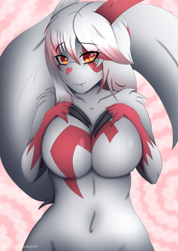 anthro belly breasts claws female fur hair markings red_eyes red_markings solo tail teeth white_body white_fur white_hair mihukoro nintendo pokemon akai_kizu generation_3_pokemon pokemon_(species) zangoose
