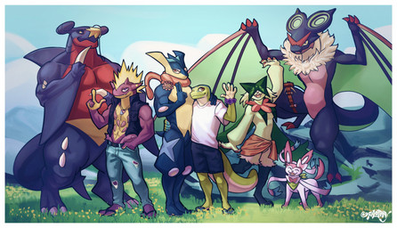 anthro biceps bottomwear clothed clothing eyes_closed feet feral footwear fur grass green_body green_fur group group_photo happy jacket looking_at_viewer male membrane_(anatomy) membranous_wings muscular muscular_anthro muscular_male open_clothing open_jacket open_mouth open_topwear outside pants plant purple_body sandals shirt shoes shorts size_difference sky smile standing tail teeth toes topwear winged_arms wings falopaxy mythology nintendo pokemon ermes_(jomagaher) jomagaher amped_toxtricity amphibian dragon eeveelution felid feline garchomp gecko generation_4_pokemon generation_6_pokemon generation_8_pokemon generation_9_pokemon greninja lizard mammal meowscarada mythological_creature mythological_scalie noivern pokemon_(species) reptile scalie sylveon toxtricity absurd_res digital_media_(artwork) hi_res