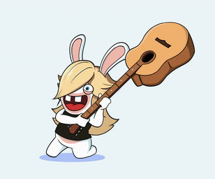 acoustic_guitar anthro bottomless buckteeth clothed clothing female guitar hair musical_instrument open_mouth plucked_string_instrument solo string_instrument teeth yelling unknown_artist mario_bros mario_plus_rabbids_sparks_of_hope nintendo raving_rabbids rayman_(series) ubisoft rabbid_rosalina lagomorph mammal rabbid