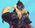 2_tails anthro blush bulge clothing duo goo_drip goopy inflatable latex latex_clothing latex_skinsuit looking_at_viewer male male/male multi_tail null_bulge pawpads sheath_bulge skinsuit slime tail tight_clothing tongue tongue_out dascarl nintendo pokemon fluxzel_(character) animate_inanimate buizel floatzel generation_4_pokemon generation_7_pokemon living_inflatable lycanroc pokemon_(species) hi_res model_sheet story story_in_description