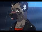 blush brown_body brown_fur clothing fur grey_eyes male markings open_mouth raining solo spots spotted_body spotted_fur cayleth aggretsuko sanrio haida_(aggretsuko) hyena mammal spotted_hyena