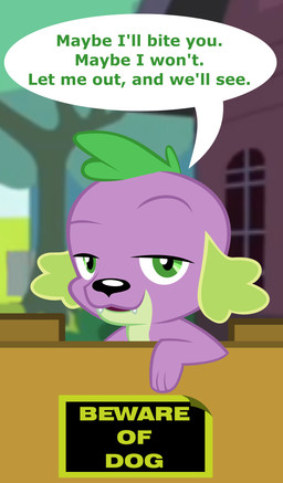 black_nose box container fangs fur green_body green_eyes green_fur looking_at_viewer purple_body purple_fur screencap screencap_background smile solo teeth text red4567 equestria_girls hasbro my_little_pony spike_(eg) canid canine canis domestic_dog mammal english_text hi_res