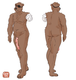 amputee anthro belly big_penis brown_body brown_eyes brown_fur disability eye_patch eyewear fur genitals humanoid_genitalia humanoid_penis male nude overweight overweight_anthro overweight_male penis smile solo cev bear mammal