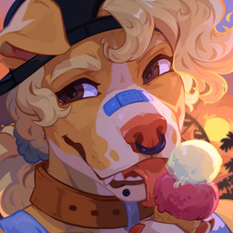 ambiguous_gender anthro bandage bandage_on_face bandage_on_nose blonde_hair brown_collar brown_eyes clothed clothing collar facial_piercing floppy_ears front_view fur hair hat headgear headwear licking_ice_cream lip_piercing lip_stud looking_at_viewer nose_piercing nose_ring open_mouth outside piercing red_clothing red_hat red_headwear red_nose red_tongue ring_piercing septum_piercing septum_ring solo tongue tongue_out white_body white_fur yellow_body yellow_fur corzh77 canid canine canis domestic_dog mammal 1:1 bust_portrait hi_res portrait