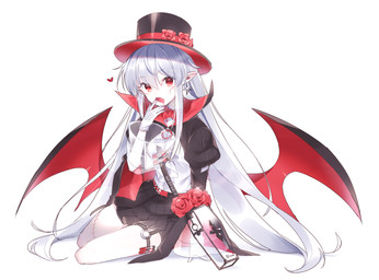 clothing ear_piercing ear_ring female hair hat headgear headwear heart_symbol humanoid_pointy_ears long_hair looking_at_viewer not_furry piercing pointy_ears red_eyes ring_piercing scar sitting white_body white_hair wings hoshita_bell arknights hypergryph studio_montagne warfarin_(arknights) humanoid vampire 2020