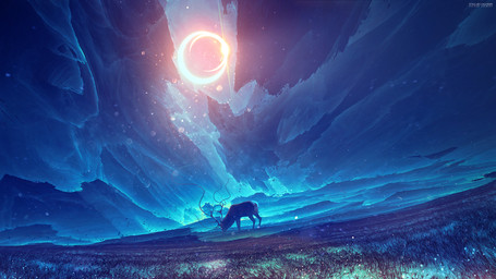 all_fours ambiguous_gender antlers blue_background brown_body brown_fur brown_grass butt detailed_background digitigrade dirt eating eating_grass eclipse empty_eyes feral field fur grass grass_field head_down horizon horn light long_antlers long_horn moon multicolored_body multicolored_fur nude nude_ambiguous outside particles plant side_view simple_background sky skyscape solo standing sun sunlight text title white_body white_butt white_fur white_sclera white_text yellow_glow kuldarleement deer mammal 16:9 2013 artist_name blue_theme colored digital_media_(artwork) english_text hi_res restricted_palette shaded wallpaper widescreen