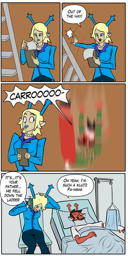 anthro bed clothed clothing dialogue duo electronics falling_down female furniture hospital_bed ladder male male/female phone smear_frame speech_bubble text wounded arcatech deltarune undertale_(series) carol_holiday rudolph_holiday 1:2 comic english_text hi_res