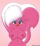 anthro areola bimbette breasts brown_eyes female first_person_view hands_behind_head hi_res looking_at_viewer mammal mephitid nipples nude raised_tail simple_background skunk smile solo subarashi tail tiny_toon_adventures warner_brothers