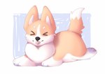 >_< ambiguous_gender eyes_closed female feral fur happy lying on_front solo sploot white_body white_fur yellow_body yellow_fur prelares misha_prelares_(corgi) canid canine canis domestic_dog herding_dog mammal pastoral_dog welsh_corgi hi_res