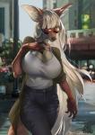 5_fingers amber_eyes anthro big_breasts blonde_hair breasts cleavage clothed clothing detailed_background eyewear female fingers hair shirt solo sunglasses tank_top topwear okithau loyse canid canine fox mammal 2018 digital_media_(artwork) hi_res