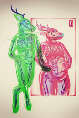 anthro antlers biped bone duo green_body horn red_body skeleton translucent translucent_body visible_skeleton sexotheque jaiy deer goo_creature mammal 2025 absurd_res digital_media_(artwork) hi_res